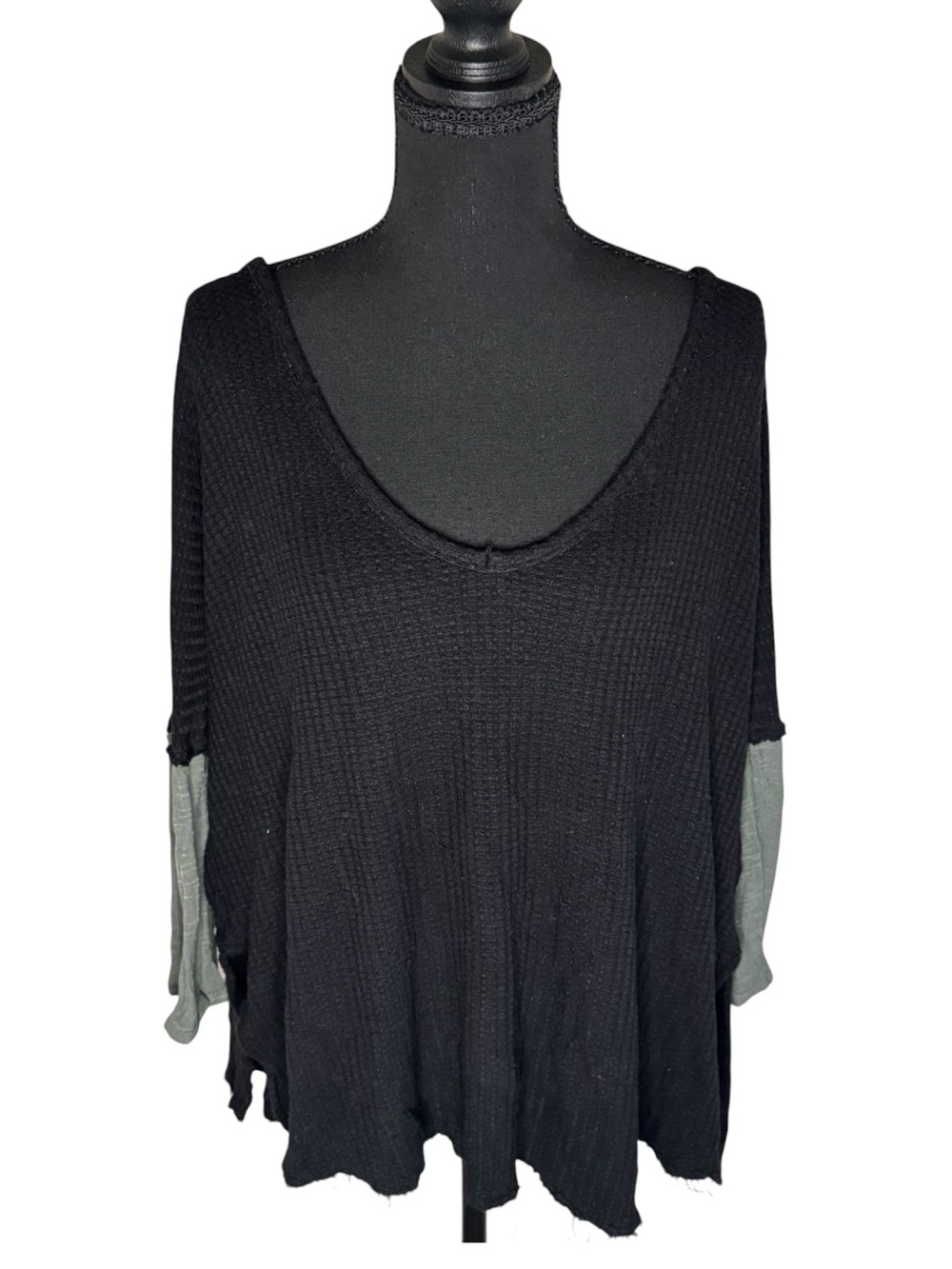 Free People Black Waffle-Knit Scoop Neck Top with Olive Sleeve Panels